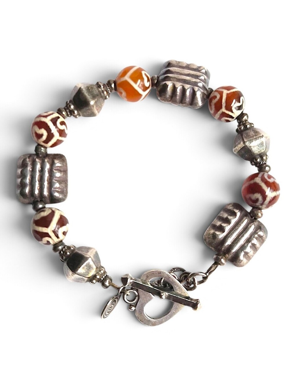Artisan Sterling Silver Carnelian Dzi Bead Bracelet Heart Toggle Size 6.75